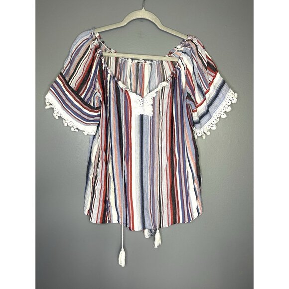 Florence Florencia Striped Boho 100% Linen Top Womens M Off Shoulder Tomato Girl - Picture 1 of 12